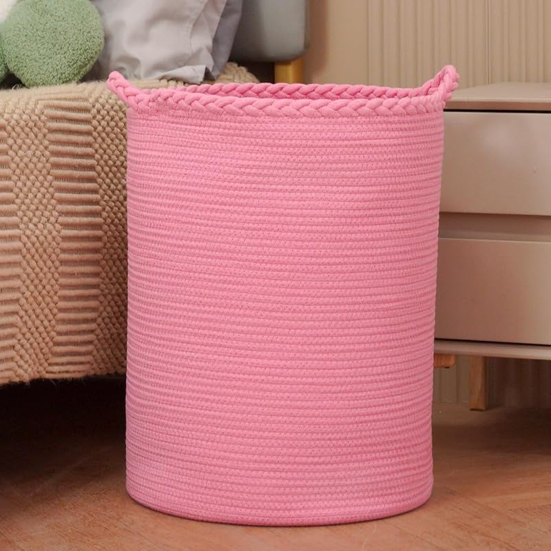 Image of SHAGCRAFT Storage Rope Laundry Hamper Basket for Clothes, Towels and Blankets in Livingroom, Bedroom, Laundry Room and Basket for Nursery Storage (Size - 14 inch x 14 inch x 16 inch) (Pink Zig Zag)