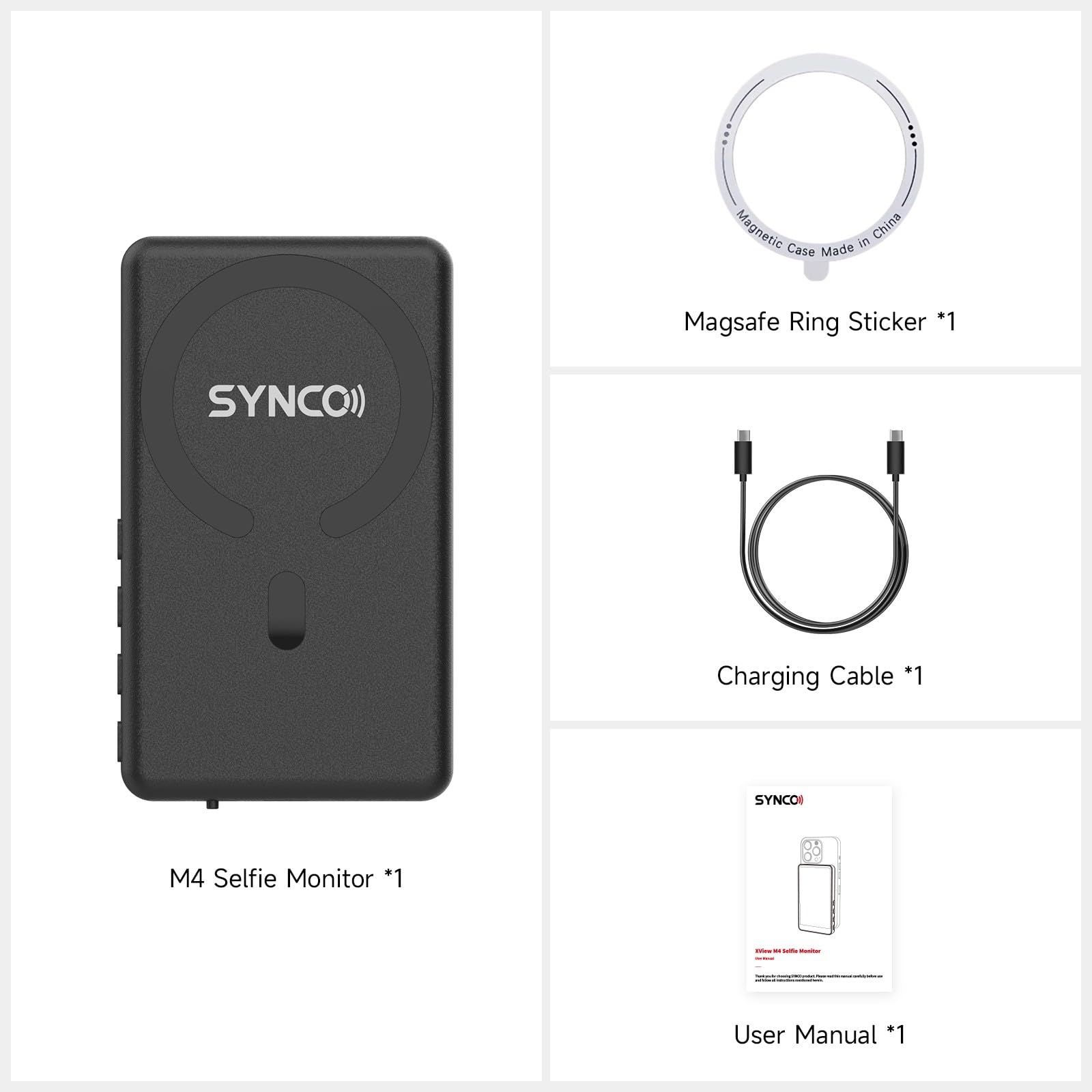 SYNCO XView M4 Selfie Monitor Screen - P2P Direct Connection Ultra-Low Latency Selfie Back Camera Monitor iPhone, with Magnetizing Sheet, 3-Hour Battery Life, Compatible with iOS and Android (Black)