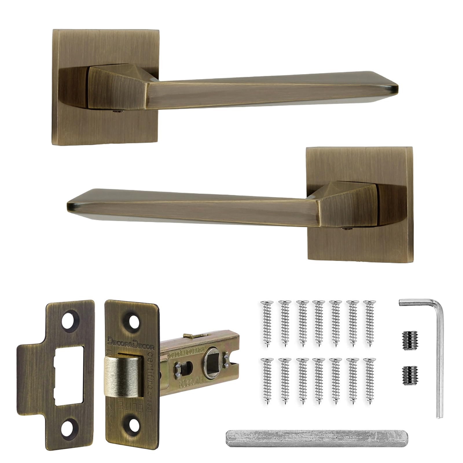 Decoranddecor Leda Antique Brass Lever Handles with Tubular Mortice Latch – Aluminium Internal Door Set for Wooden Interiors, Crafted for Bedrooms, Bathrooms, and Modern Home or Office Environments