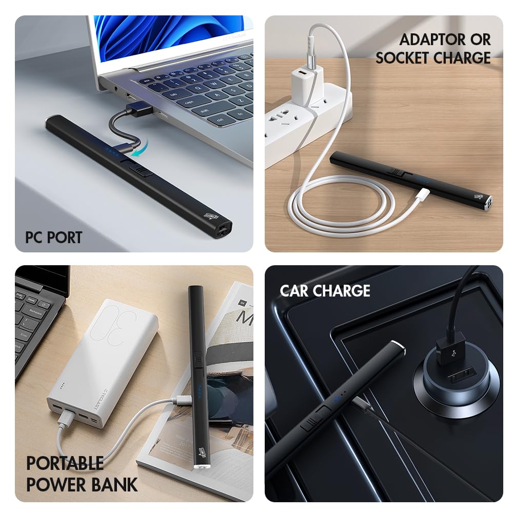 Encendedor eléctrico largo, recargable USB tipo C resistente al viento, encendedor sin llama para velas, estufa y uso al aire libre 3
