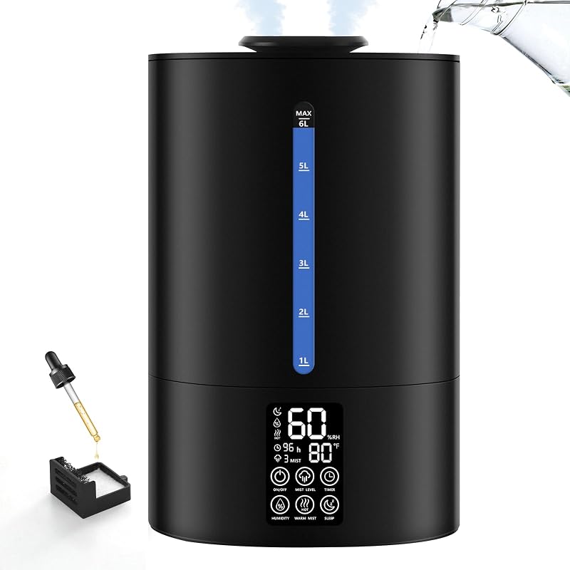 Coolfiqu Humidificadores de niebla cálida y fría de 6 L para dormitorio, habitación grande, plantas | Humidificador ultrasónico de llenado superior silencioso, difusor de aceites esenciales, Control automático de humedad, humidificadores de escritorio de niebla caliente, boquilla de 360°