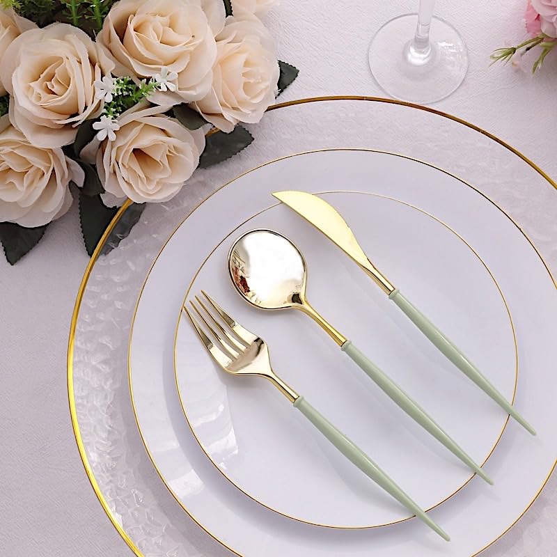 24 Metallic Gold Sage Green Disposable Plastic Cutlery Spoon Fork and Knife Set for Weddings Parties Birthdays Receptions Events Dinnerware Tableware Decorations