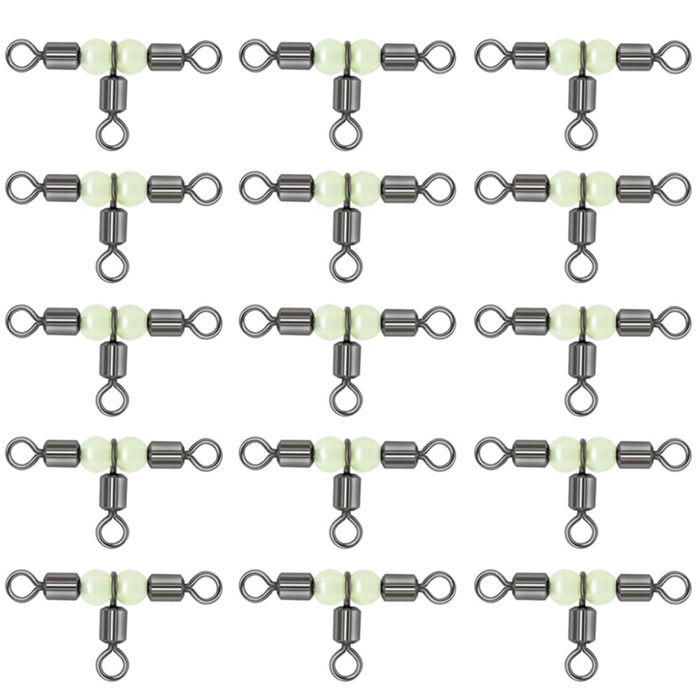 50 Pcs 3 Way Swivels, T-shape Cross Line Barrel Triple Swivel with Glow Beads, Fishing Ball Bearing Swivels for Sea Fishing Connector Tackle (3#)