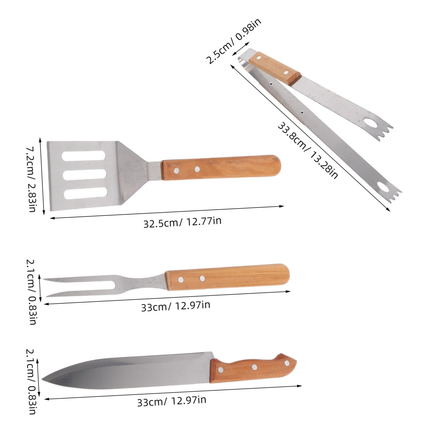 STOBAZA Grillbesteck mit Holzgriff Outdoor Barbecue Werkzeug mit Spatel Zange Fleischschneider Tragbares Grillzubehör mit Praktischem Tragebeutel für Camping und Garten