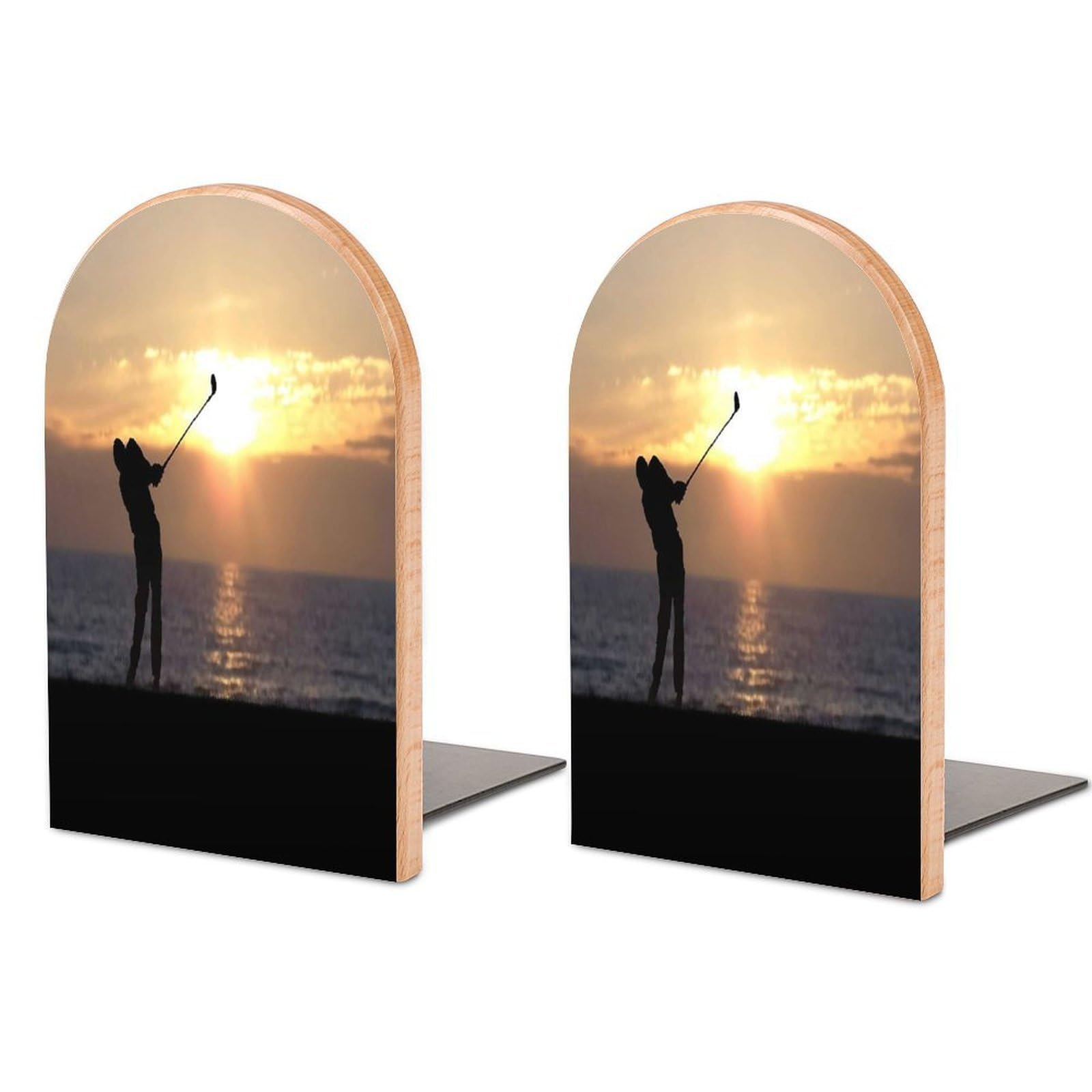 Playing Golf at Sunset Beech Wood Bookends Heavy Duty Book Organizers Desktop File Holder for Office Home Bookshelf