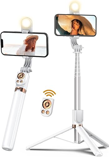 Trípode de palo selfie de 55 pulgadas con control remoto inalámbrico, trípode extensible para teléfono celular, trípode de viaje con luz de llenado