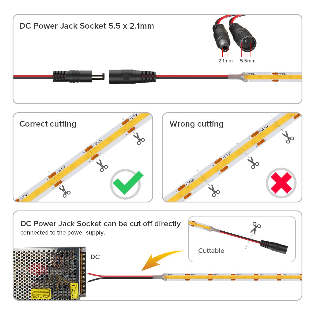 FCOB Tira LED flexible COB blanco cálido 3000K 320LEDs/m 5m 12V uniforme regulable con mando a distancia RF, fuente de alimentación 12V 36W y conector transparente de 2 pines 8mm