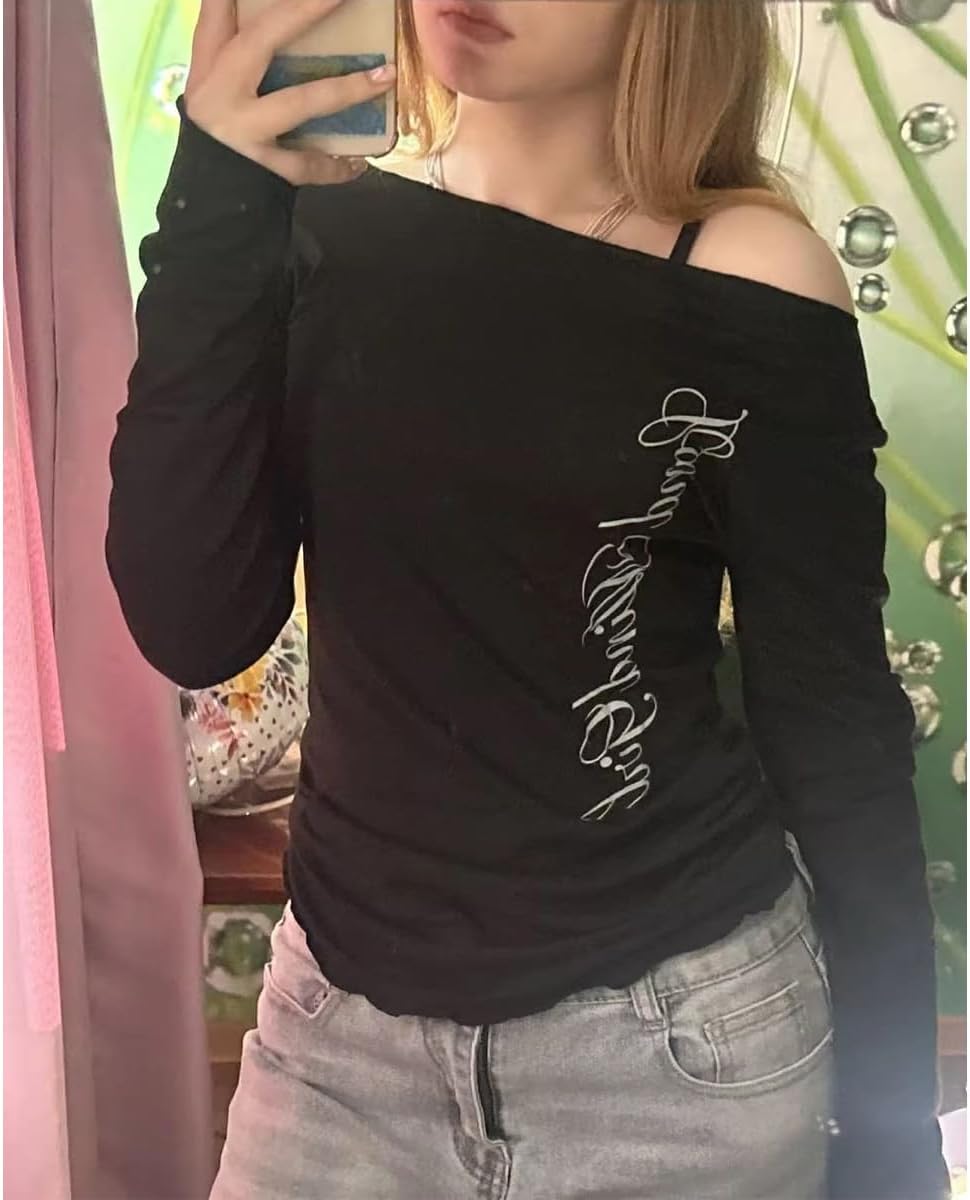 Emo Grunge Goth Tops Women Y2k 2000s Vintage Fitted Long Sleeve T Shirt Teen Girls Gothic Graphic Tees Streetwear - Image 4