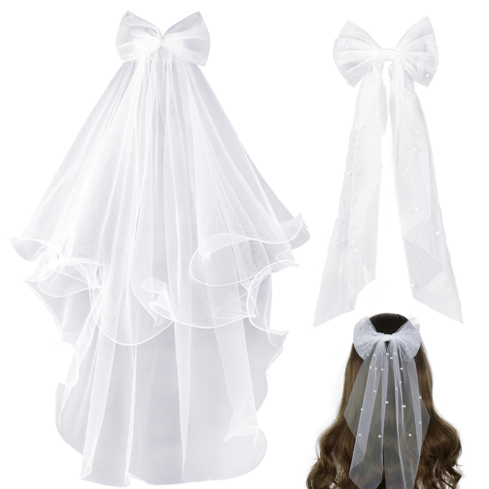 TYXHXTF Velo Novia para Pelo, 2 PCS Despedida de Soltera Accesorios de Novias, Velos de Boda con Lazo, Velo Blanco de Novia de Tul con Peine, para Uso Nupcial o Regalo