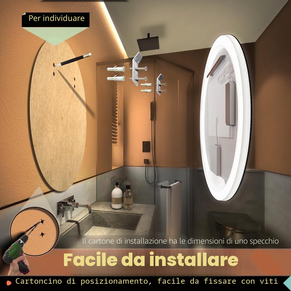 KWW Grande Specchio Rotondo Moderno della Vanità del Bagno del LED, Temperatura di Colore Regolabile, luci Dimmerabili Anti-nebbia, Specchio Montato a Parete Orizzontale/Verticale (60_x_60_cm)