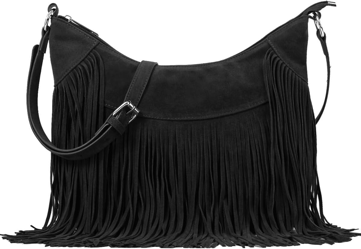 Sunwel Fashion Women Fringe Hobo Bag Western Purse Shoulder Bag Vegan Suede Tassel Hippie Crossbody Bag