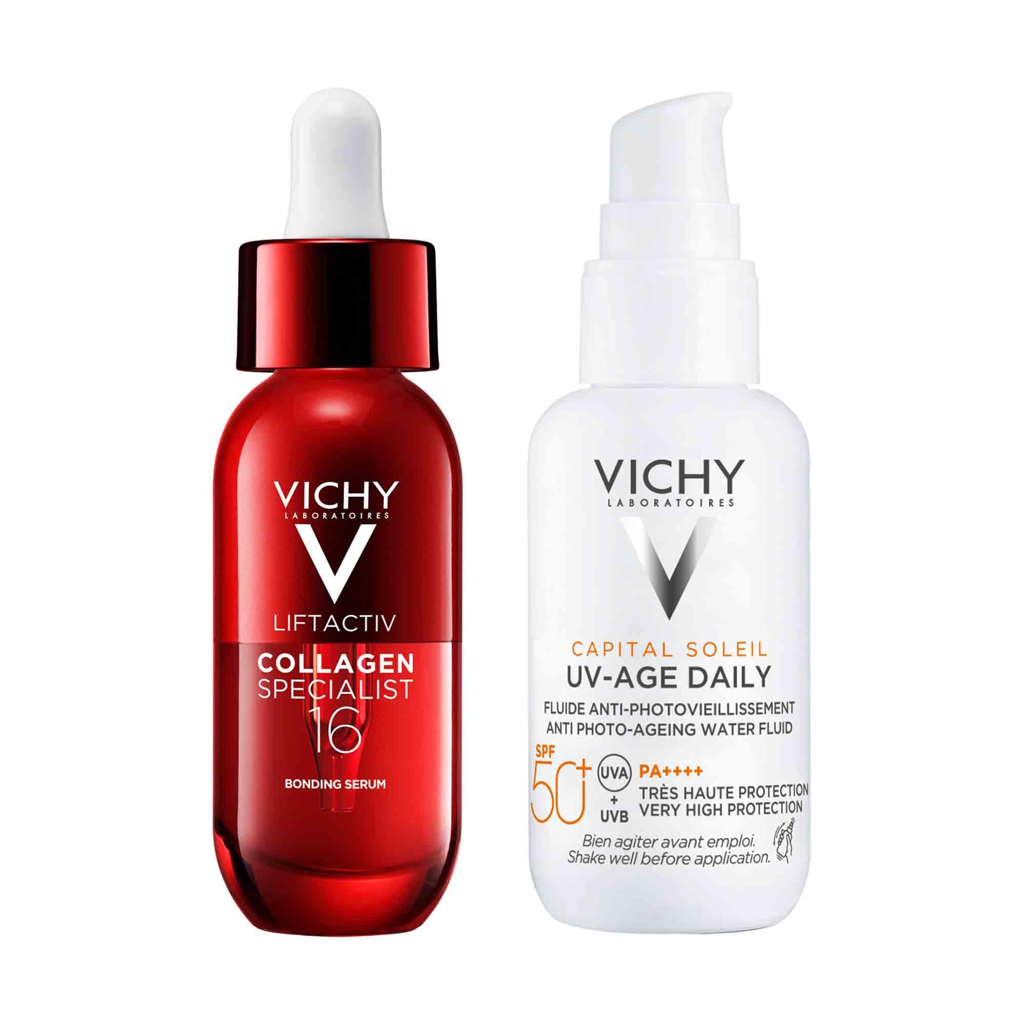 Vichy Set mit Capital Soleil UV Age Daily Fluid und Collagen Specialist 16 Serum, Pflege und Schutz vor lichtbedingter Hautalterung, Mit Peptiden und LSF50+, Für reife Haut, 40 ml + 30 ml