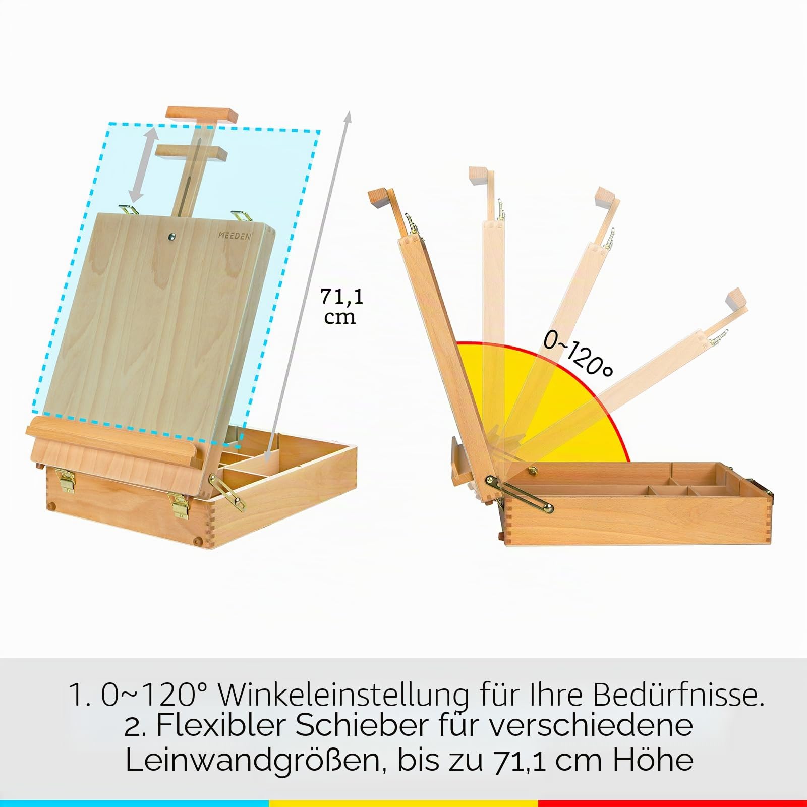 MEEDEN Große Studio Skizzenkasten Staffelei, Verstellbare Tischstaffelei aus massivem Buchenholz, Kunstbedarf-Aufbewahrungskasten mit Fächern für Pastelle, Bleistifte, Pinsel, Max. Leinwand 71cm