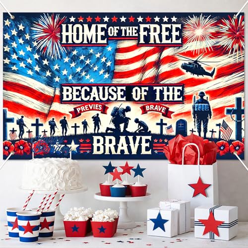 Image of BlissYard 4th of July Banner 71 x 43 Inches Patriotic Decorations Home of The Free Because of The Brave Backdrop American Flag Fireworks Banner for Outdoor Memorial Day Veterans Day Party Decor Photo Studio Booth