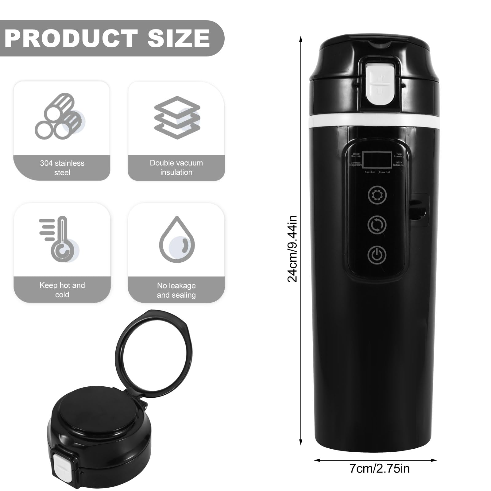 Palmcee Hervidor de agua para coche, 12 V/24 V, taza de calefacción eléctrica portátil para coche, taza de viaje con calefacción eléctrica de 500 ml, forro de acero inoxidable 304, calentador