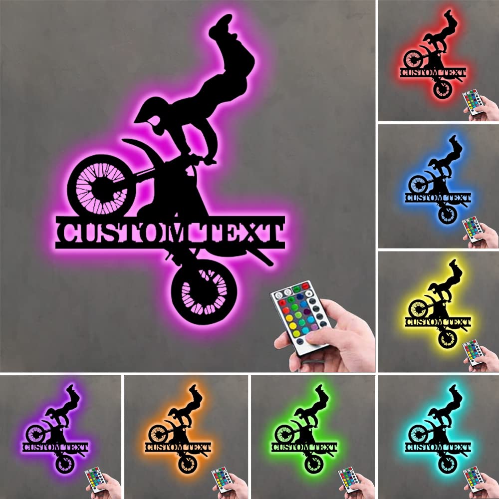 Custom Dirt Bike Metal Wall Art With LED Light Motocross Wall Hanging Night Light Personalized Motocross Name Neon Sign Lamp Decoration For Room Motorcycle Home Decor Motorcycle Biker Lover Gift