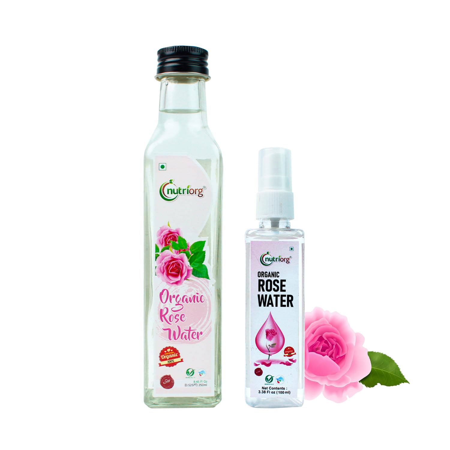 Nutriorg Organic Rose Water Face Toner | 100% Pure, Natural & Steam Distilled | Alcohol-Free Facial Mist for Glowing, Hydrated Skin | For Oily, Dry, Acne-Prone & Sensitive Skin | Tightens Pores, Balances pH | 250ml + 100ml Free Spray Bottle-image-1