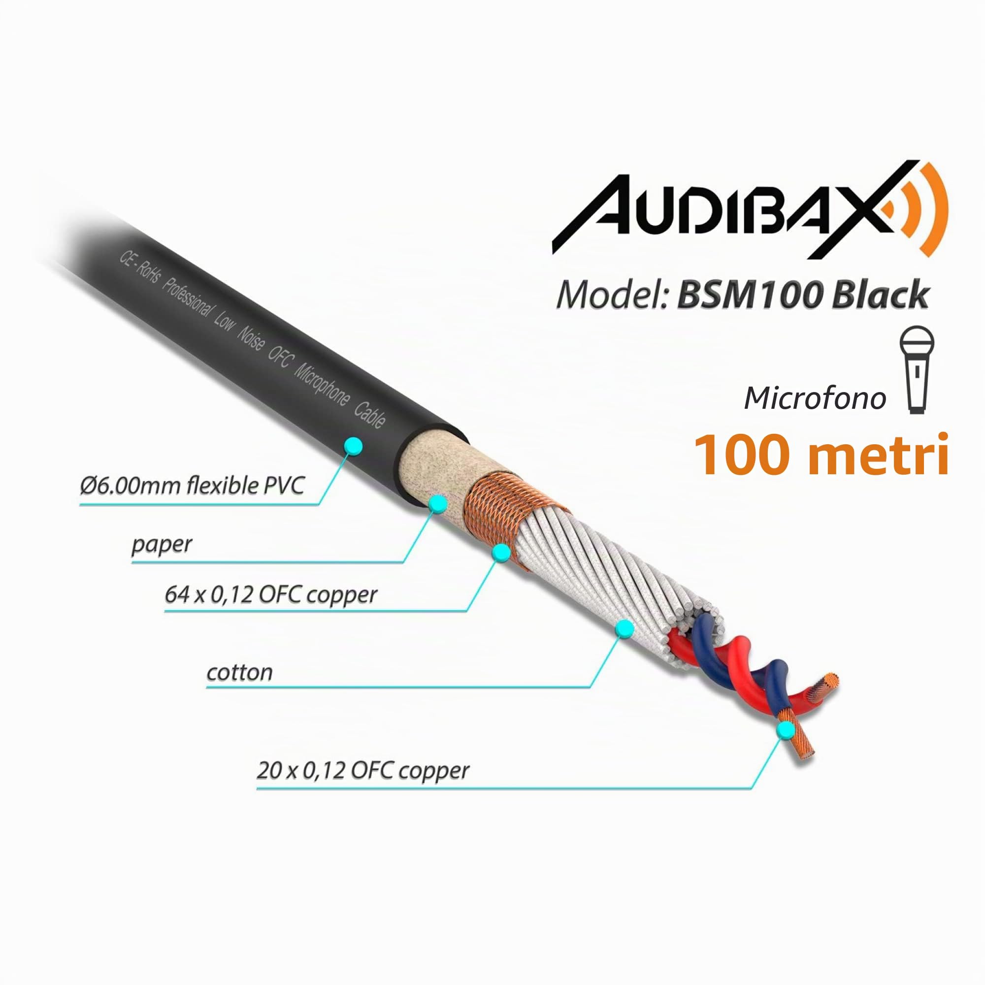 Audibax Silver BSM100 Nero - Avvolgicavo Microfonico Bilanciato - Lunghezza 100 Metri - Filo Intrecciato e Magliato - Copertura in PVC Flessibile e Resistente - Colore Nero