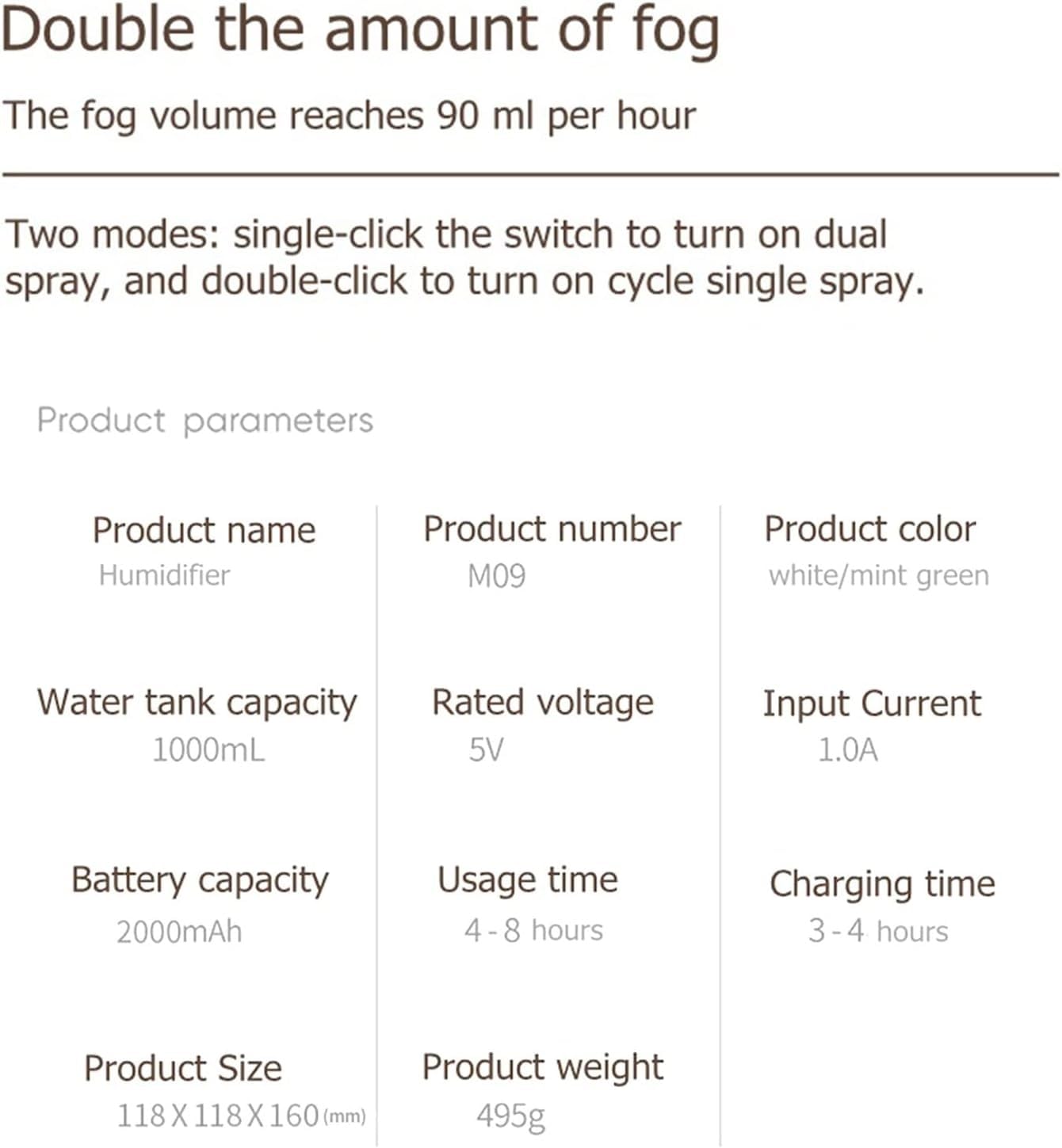 per Uso Domestico Umidificatori 1L Doppio Ugello Umidificatore Purificatore d'Aria Domestica 2000mAh Display della Batteria Fragranza Ad Ultrasuoni Mist Maker USB(A)