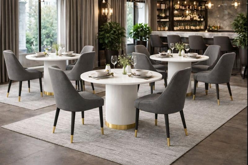 Image of 4 Seater Dining Table Set with 4 Chairs,2yr Warranty - Round Marble Dining Table (91x91x76 cm) - White Marble Top, Solid Wooden Base, Upholstered Chairs with Sheesham Wood Legs - Grey