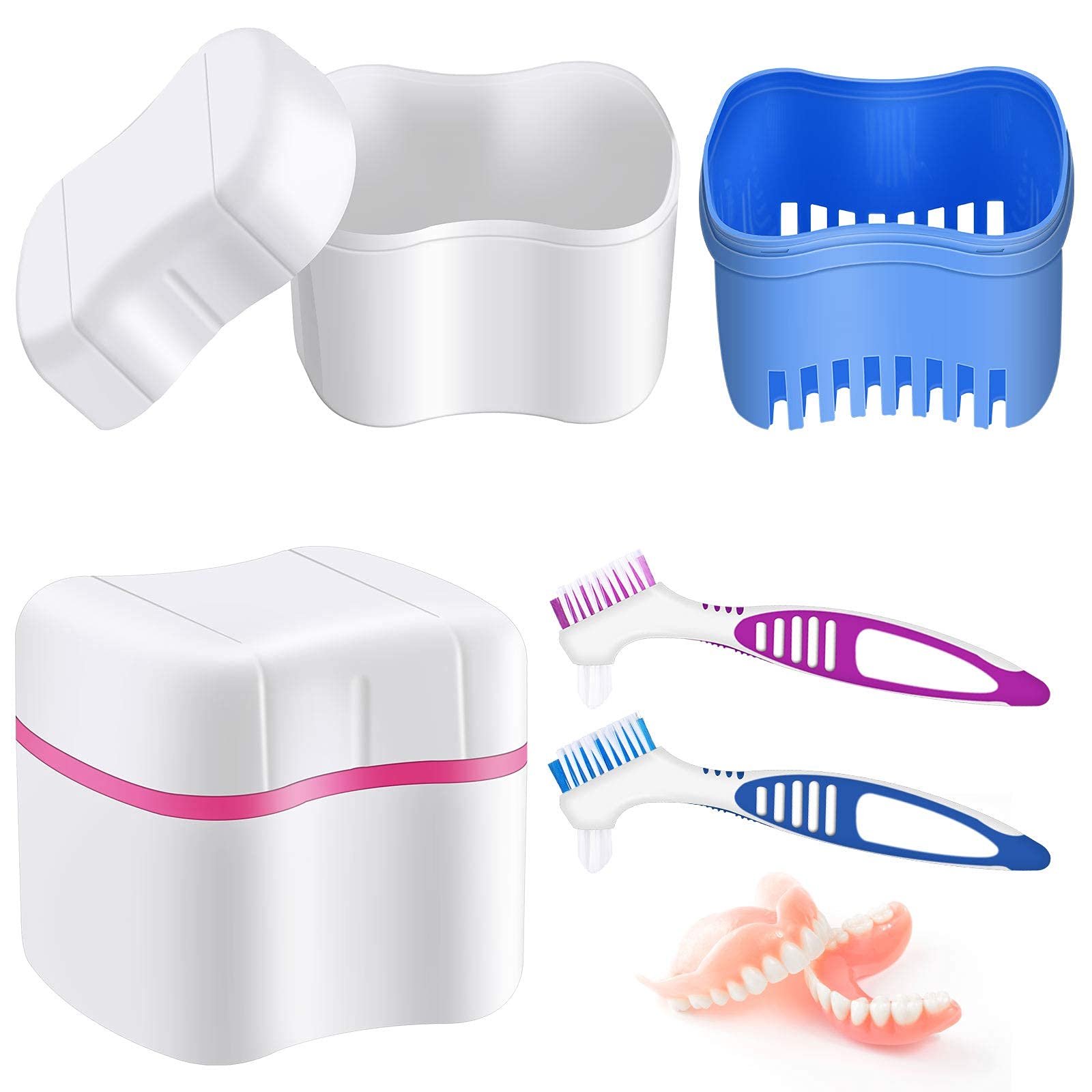 Excefore Denture Cleaner Box and Brush Set, 2 Pack Denture Bath Cases Denture Cups with 2 Pack Denture Cleaner Brushes with Denture Cleaner Brush Strainer Basket for Travel Cleaning