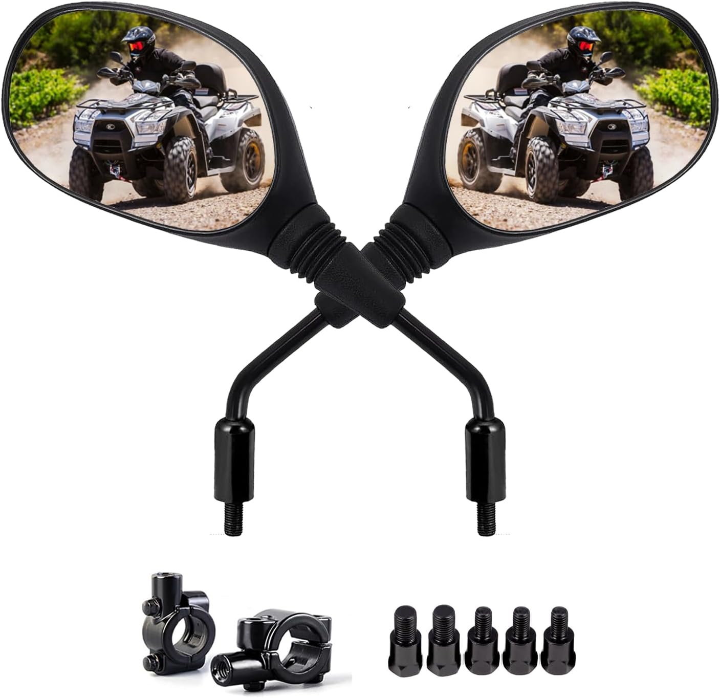 ATV Mirrors, 8MM 10MM Motorcycle Mirrors for Handlebar ATV Accessories Compatible with Scooter Snowmobile Mope, 360 Degrees Ball-Type Adjustment (2 Pack)