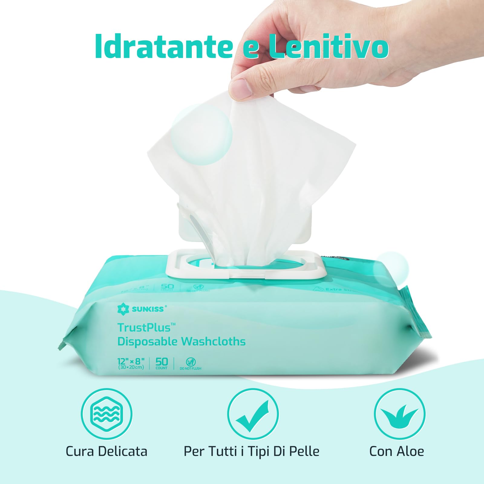 SUNKISS Trustplus Salviette Umidificate per Anziani, Salviettine 20 x 30 cm per Incontinenza per la Pulizia del Corpo con Aloe, 200 Unità (4 Confezioni da 50)