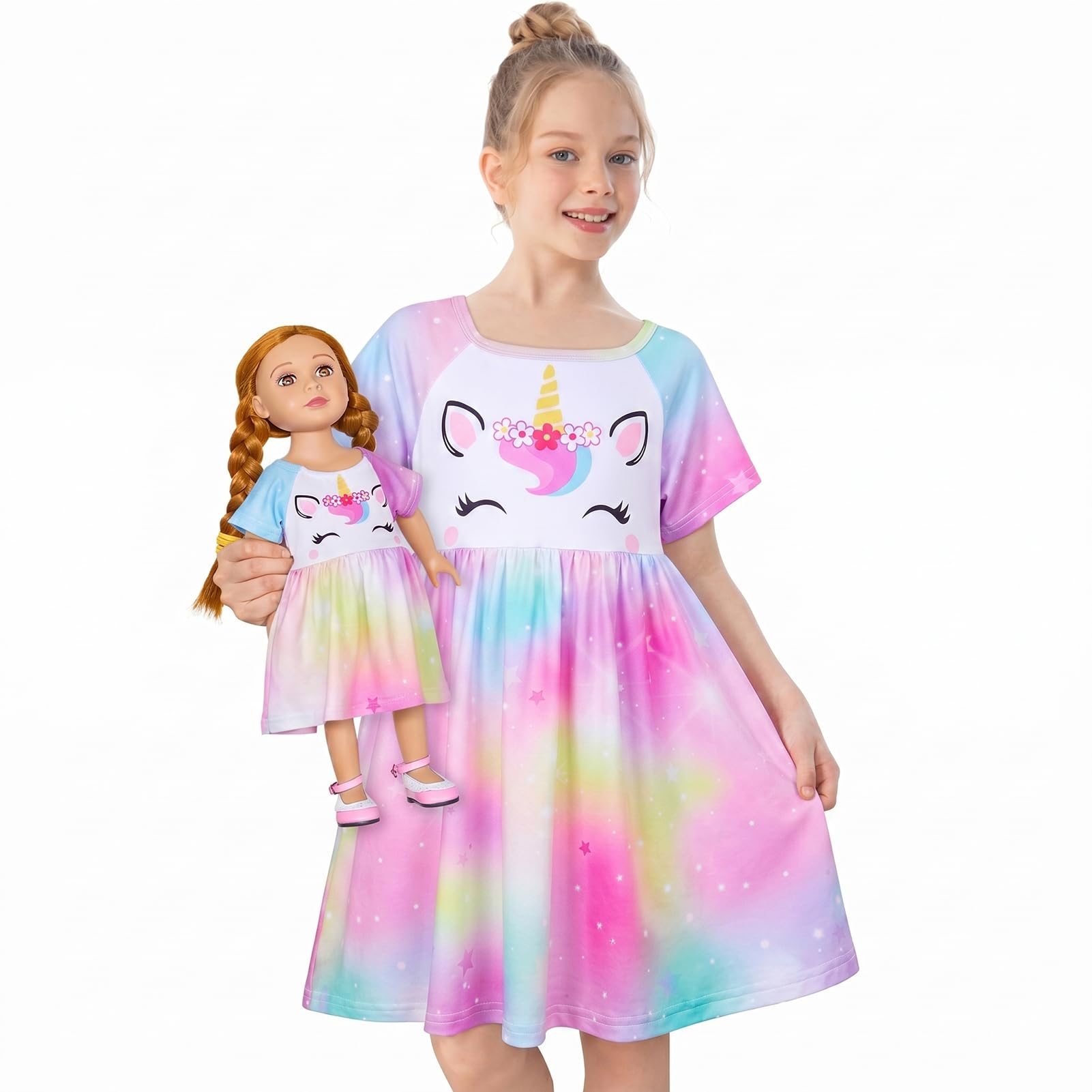 Play Tailor Doll & Girl Matching Nightgown for 18" Doll Clothes Accessories | Doll Not Included, Doll Clothes for 18 Inch Dolls, Birthday Christmas Gift, Soft Breathable Stretch Fabric, Knee Length Colorful Purple 3-4T