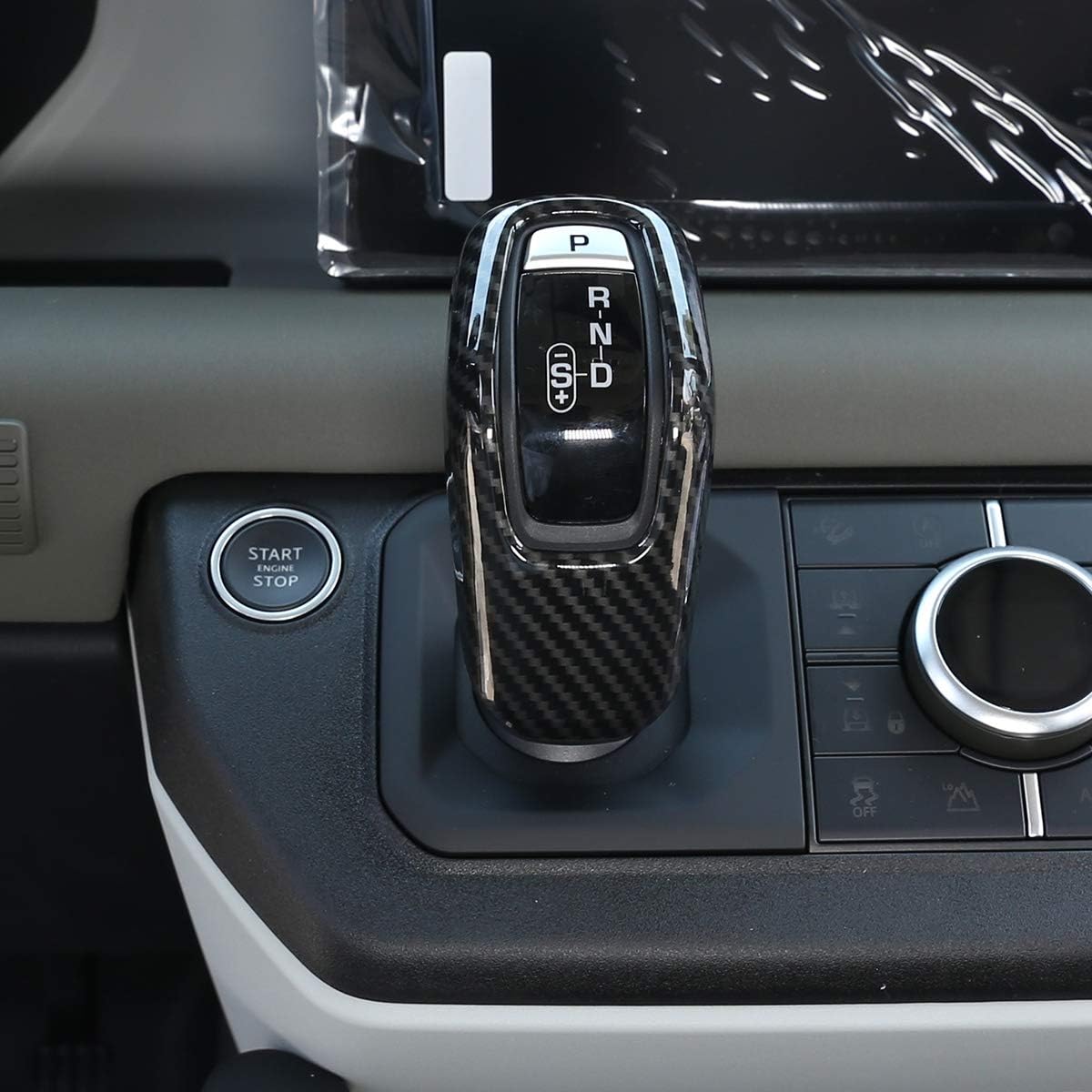 ABS Plastic Car Center Console Gear Shift Knob Cover Trim for Land Rover Defender 110 2020 (Carbon Fiber Style)