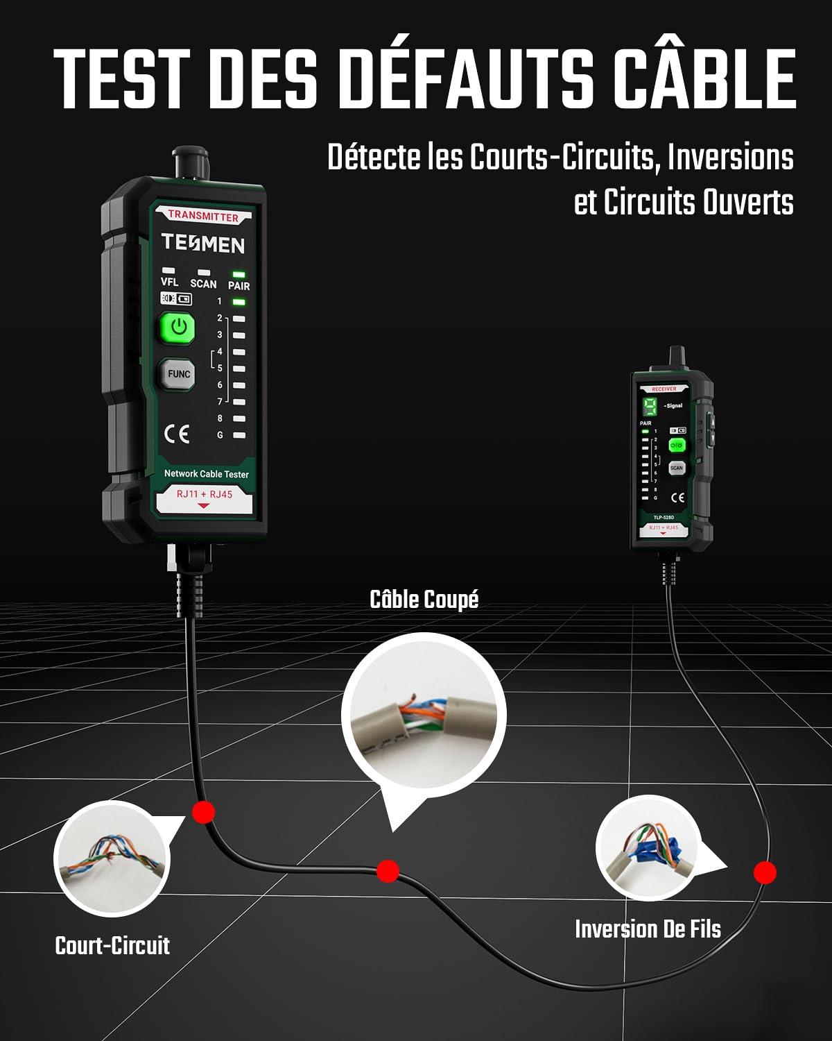 TESMEN TLP-528D Testeur réseau et mesureur VFL fibre optique avec connecteur 2,5 mm, traceur RJ45 Ethernet pour CAT5/CAT6 avec test de continuité, détecteur LAN/TEL et réparation domestique