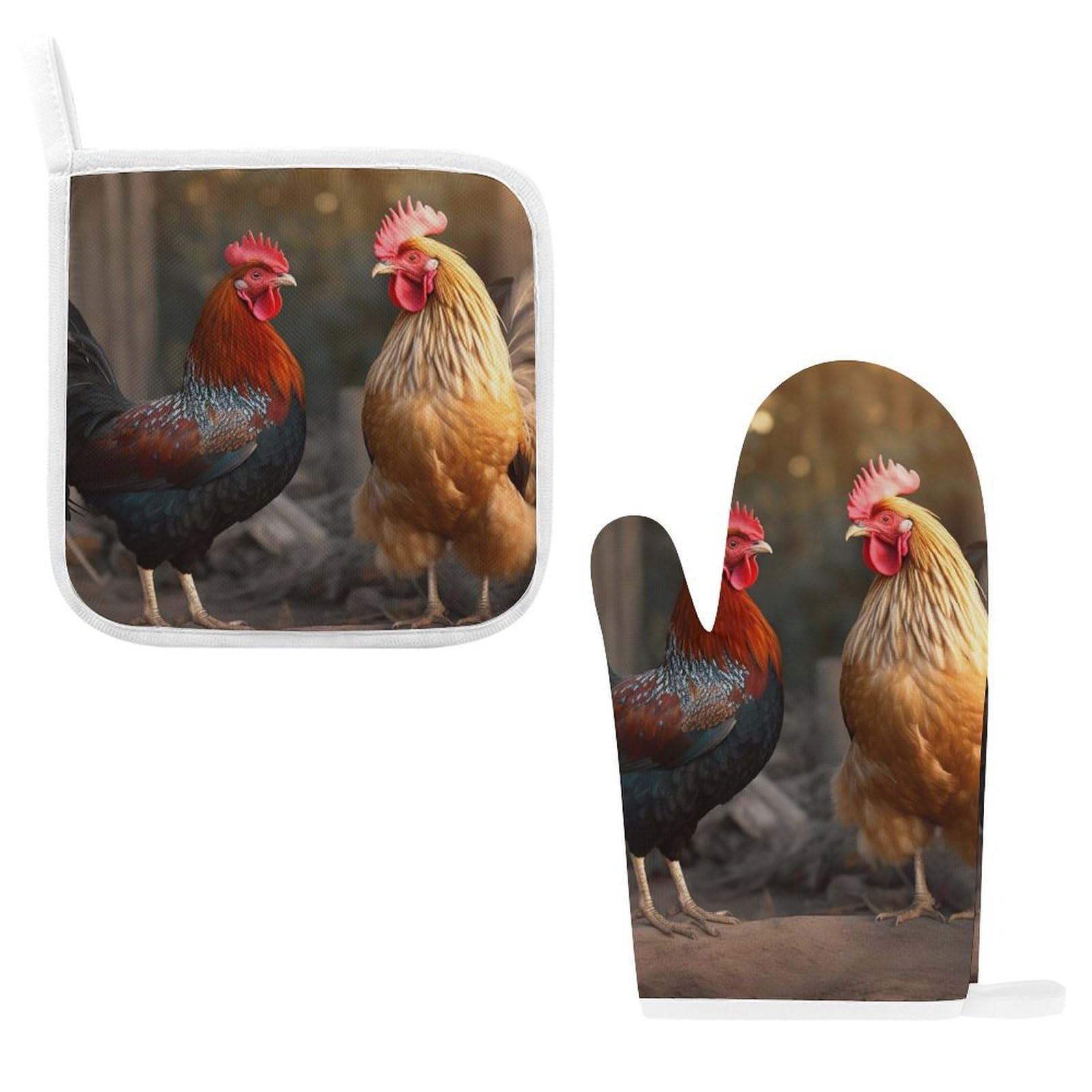 Ofenhandschuhe & Topflappen Set Mit Hahn-Motiv – Inklusive Schürze, Hitzebeständig Bis 200°C