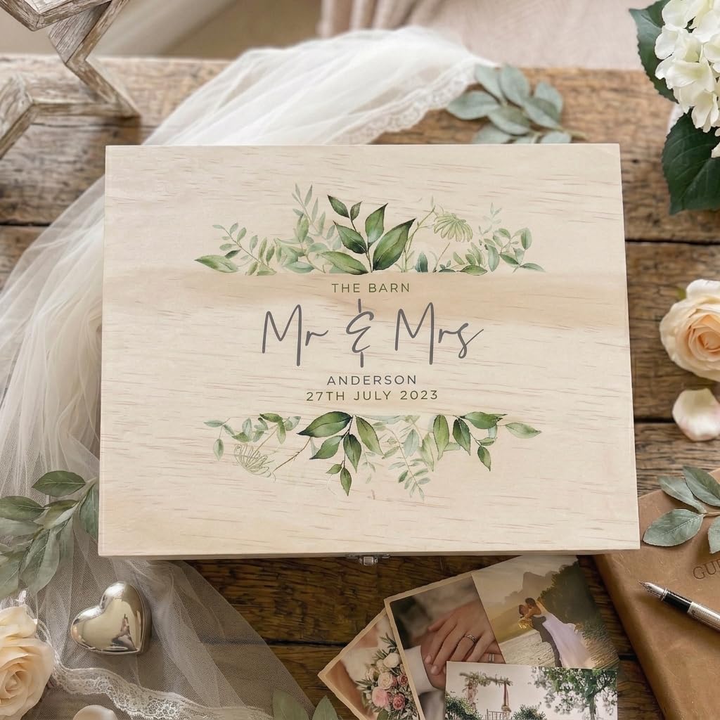 Caja de recuerdos de boda botánica de madera personalizada | Regalo de boda personalizado | Lugar personalizado, nombres, apellidos y fecha | Diseño de follaje