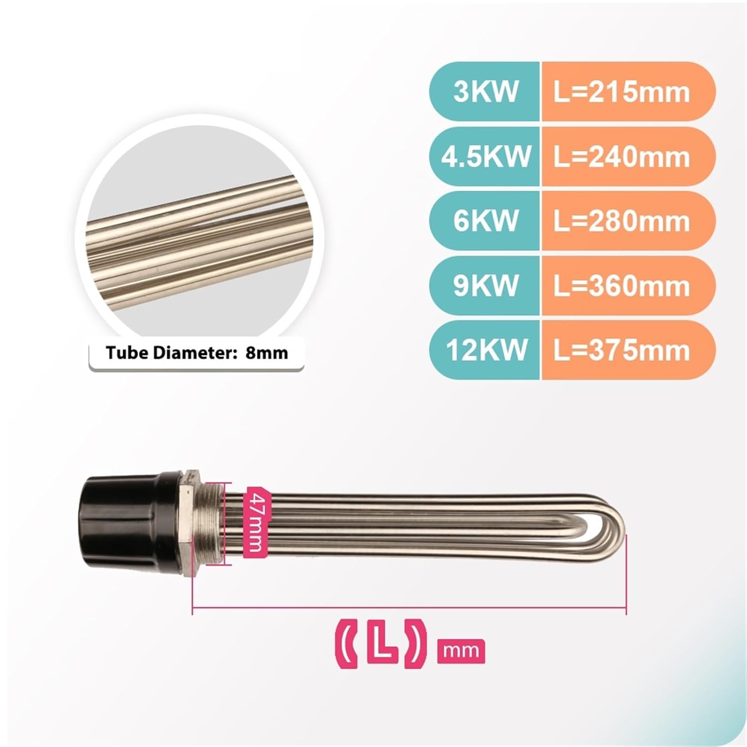 DN40 1.5lnch ThreadInduction Heating Tube3KW 4.5KW 6KW 9KW12KW Immersion WaterSolar/Electric TubularHeater(12KW,220V)