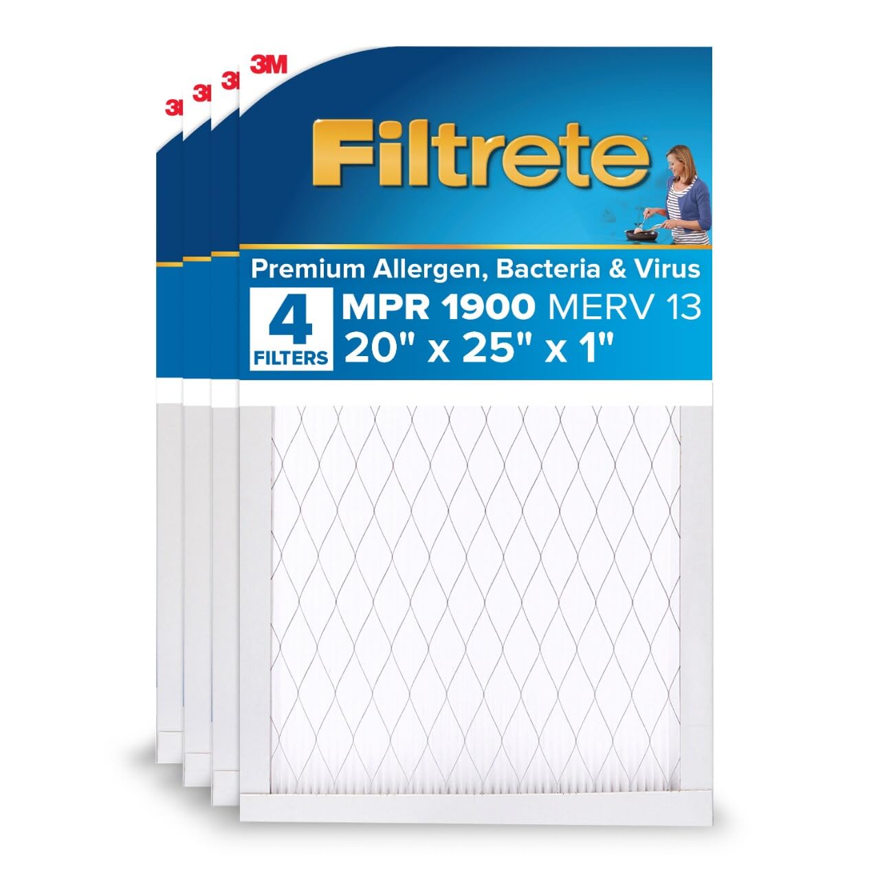 20x25x1 AC Furnace Air Filter, MERV 13, MPR 1900, Premium Allergen, Bacteria & Virus Filter, 3-Month Pleated 1-Inch Electrostatic Air Cleaning Filter, 4-Pack (Actual Size 19.69x24.69x0.78 in)