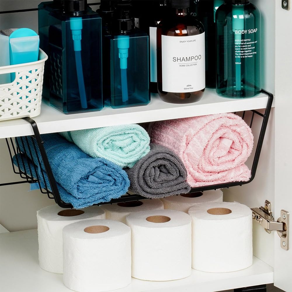 Vilde Lot de 3 paniers inférieurs 40,5 x 26,5 x 14,5 cm en métal noir – Panier suspendu pour étagère sans perçage - Organiseur de cuisine, armoire de bureau, panier de rangement à suspendre sous