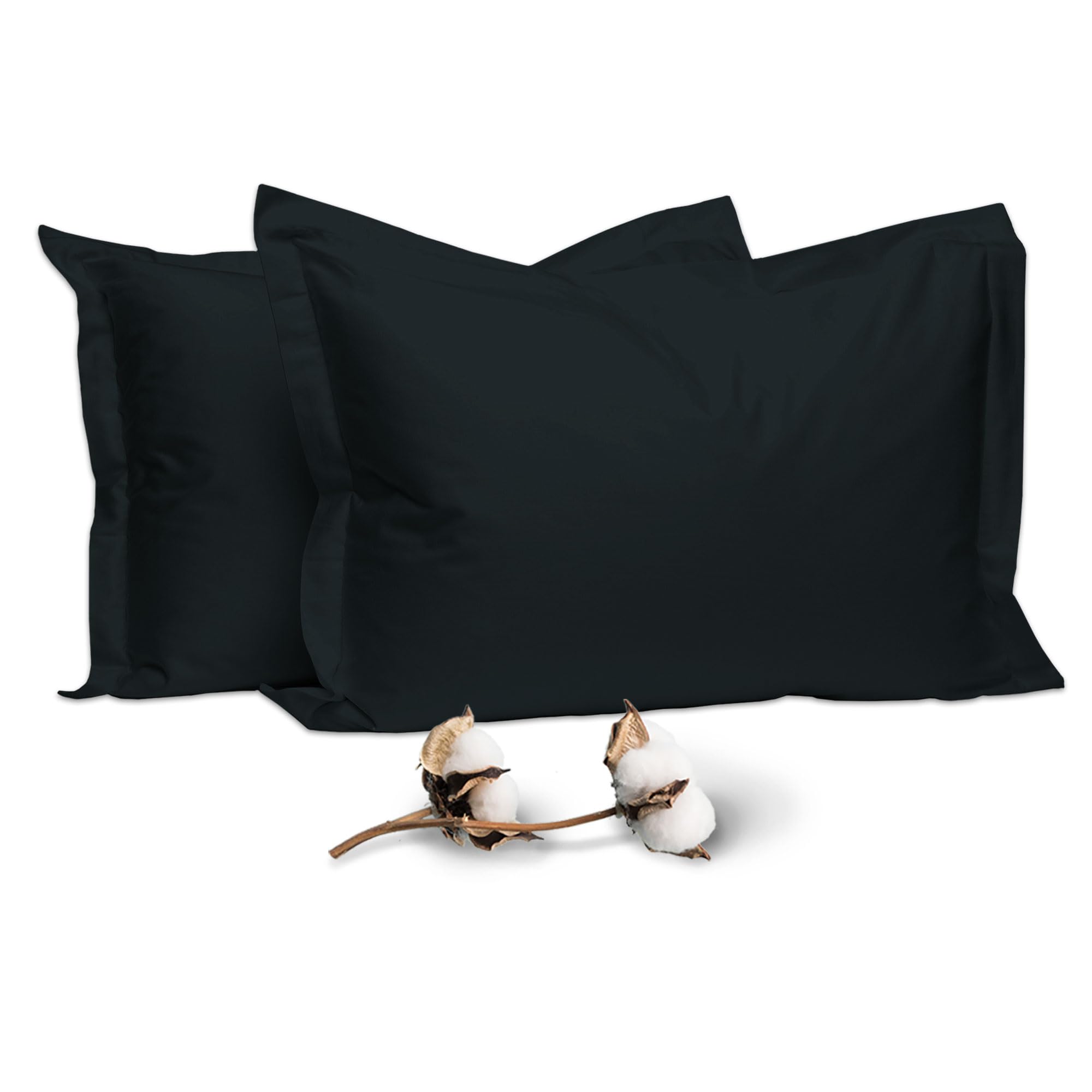PizunaPure Combed Cotton Standard Pillow Cases 50x75 cm Black, 400 Thread Count Soft Luxurious 100% Long Staple Cotton Sateen Weave Pillow Cover With 5cm Hem (Cooling Pillowcase - 2 PC)