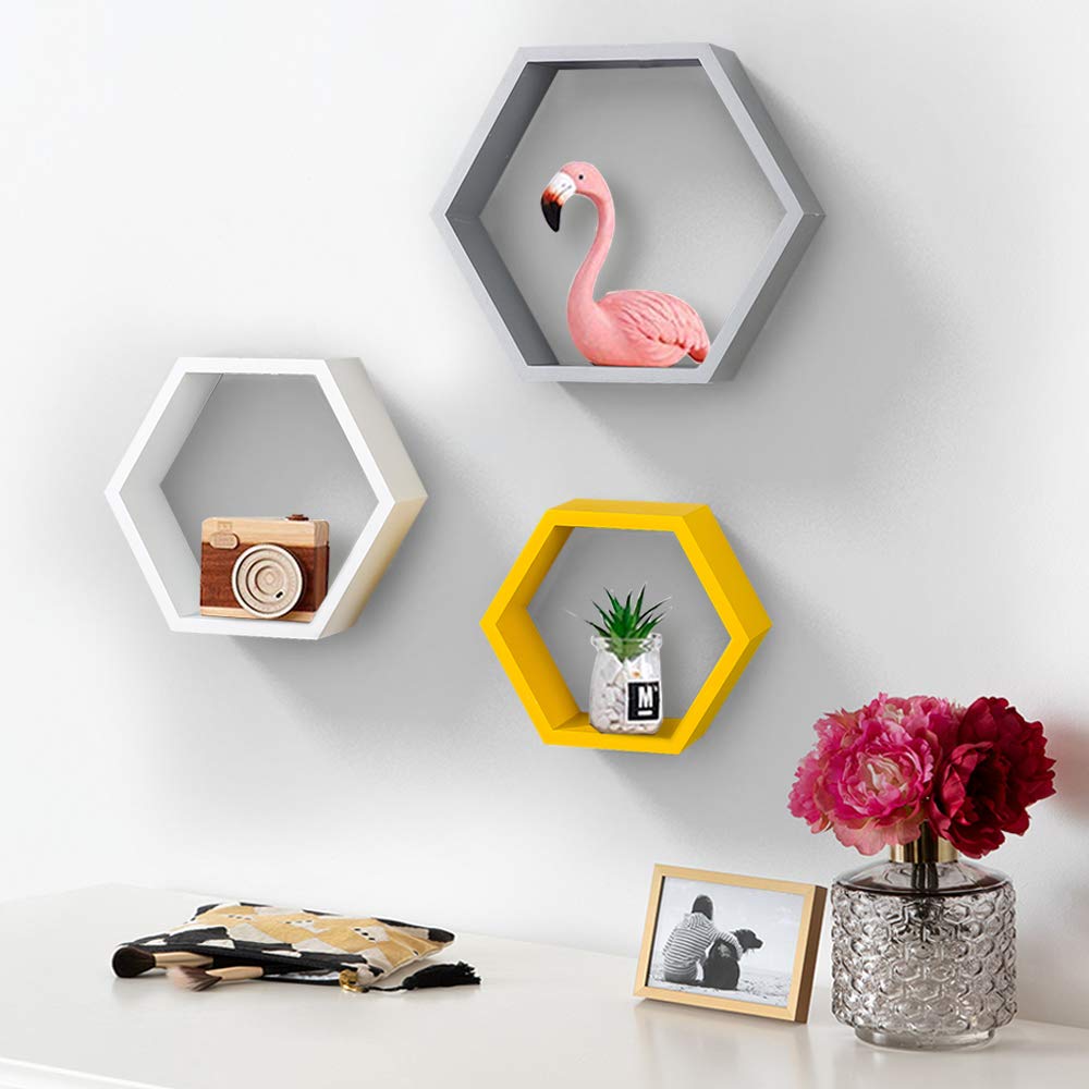 AHDECOR Wall Mounted Hexagon Floating Shelves, Wooden Wall Organizer