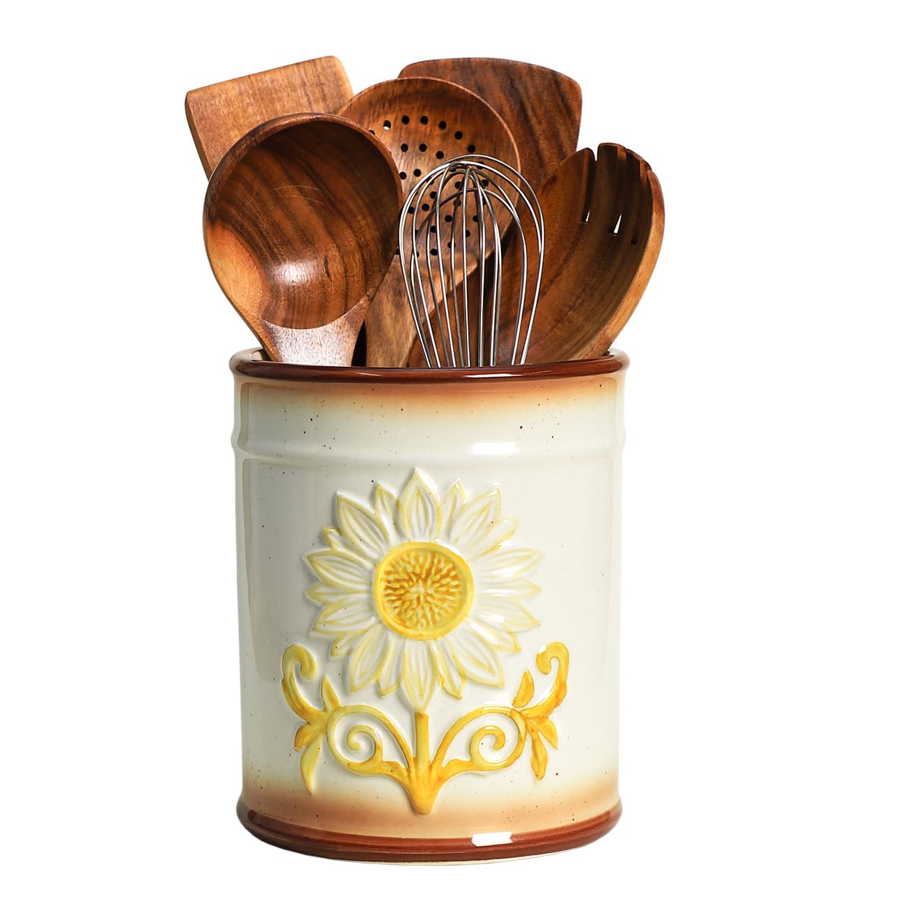 Bicuzat Ceramic Sunflower Embossed Pattern Kitchen Utensil Holder, Large Cooking Utensil Crocks for Kitchen Countertop, Sunflower Utensil Organizer for Spatula, Kitchen, Home Decoration-Retro