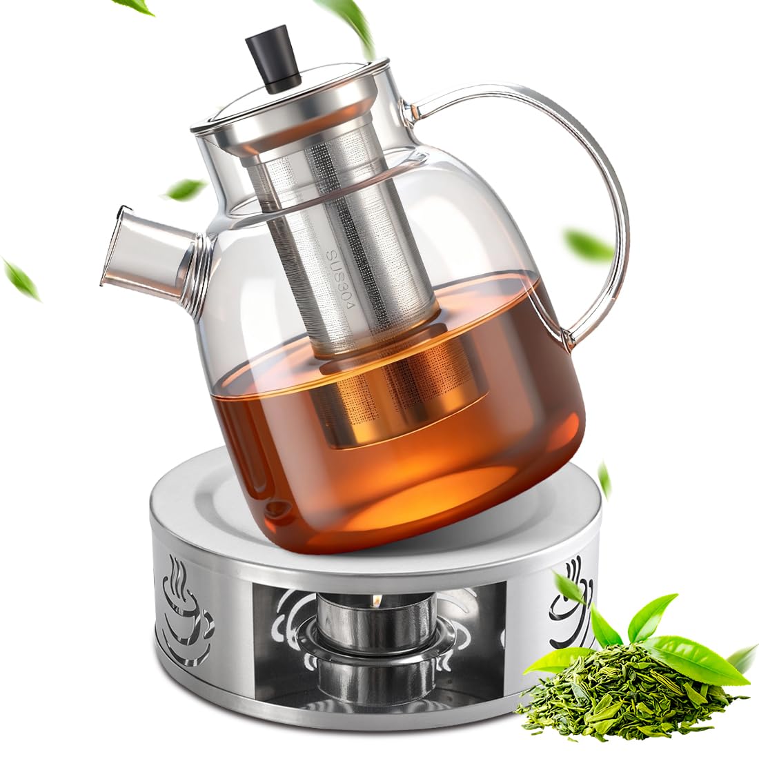 Dzbanek do herbaty z podgrzewaczem, 1800 ml, szklany dzbanek do herbaty z sitkiem ze stali nierdzewnej i pokrywką, odporny na wysokie temperatury, dzbanek do kawy, szkło borokrzemowe, zaparzacz do