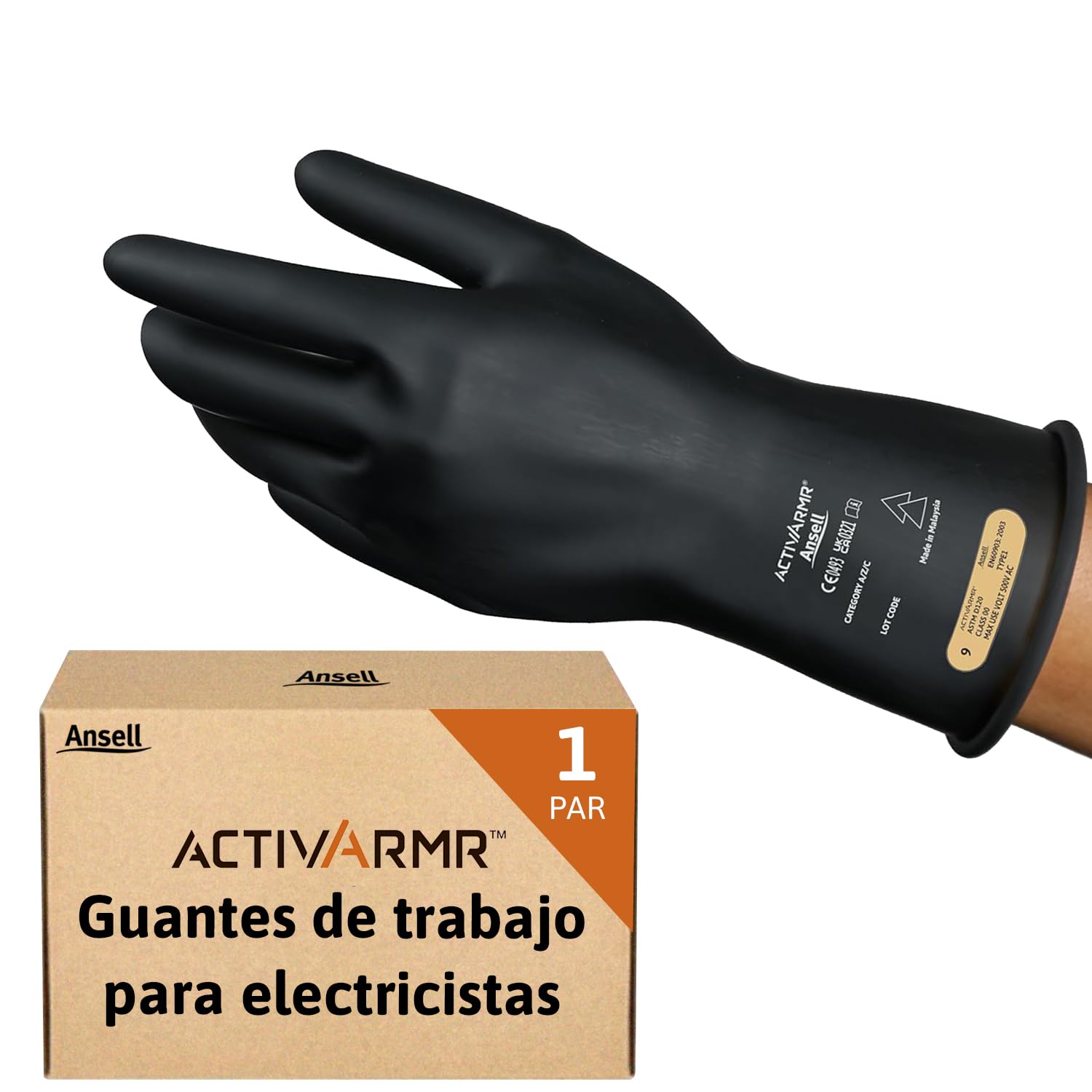 Ansell ActivArmr Guantes Aislantes Dieléctricos, Protección Eléctrica Class 0, Tensión 1000V, Trabajos con Electricidad, Látex de Caucho Natural, 28 cm, Negro, Talla 2XL, 1 Par