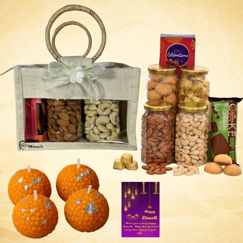 Image of NUTRI MIRACLE Diwali Chocolates Dry Fruits Nuts Laddu Candles Gift Hamper for Corporate Clients