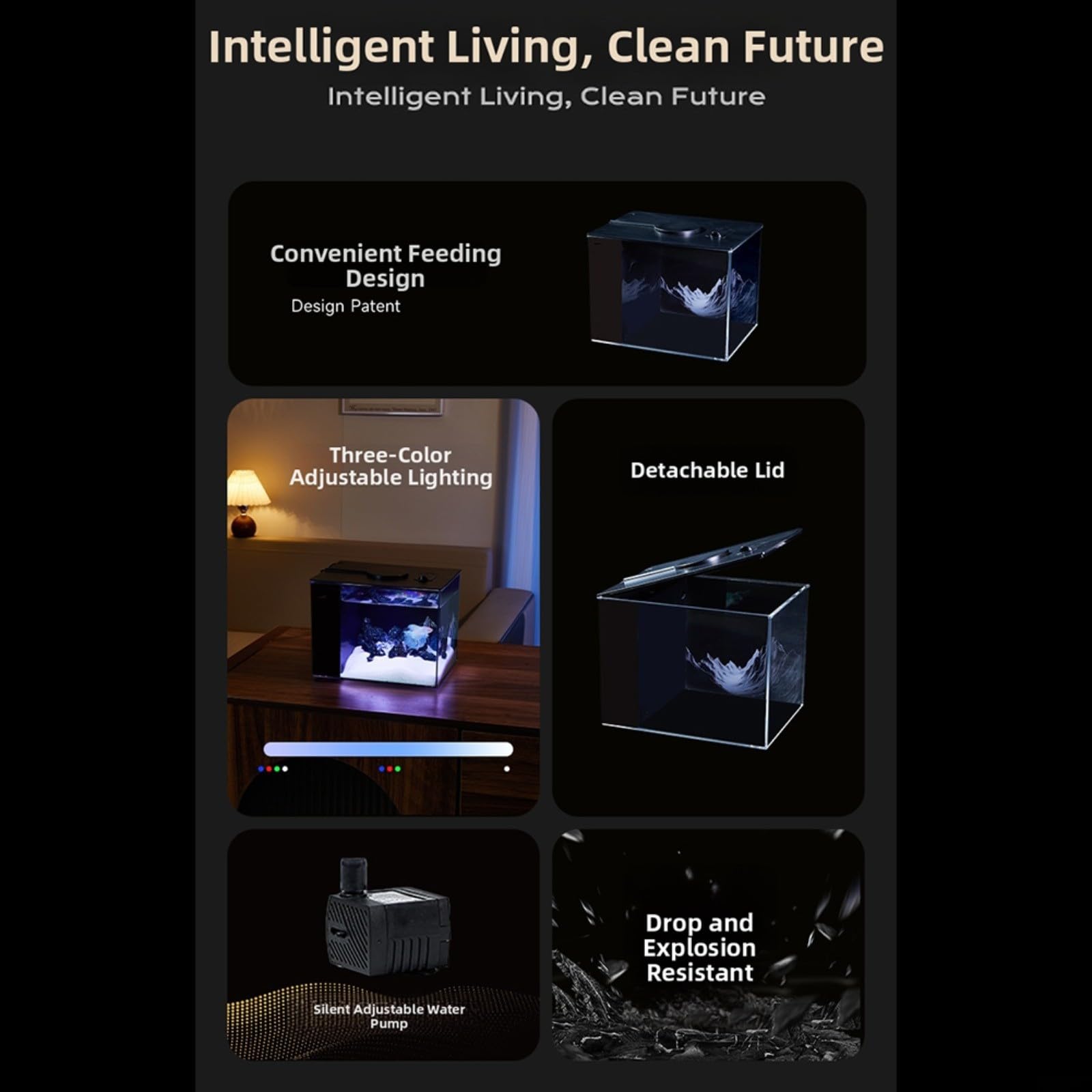 Aquarium de table avec filtre latéral, filtration améliorant l'oxygène, pompe de débit 160 l/h, luminosité réglable à 10 niveaux et éclairage LED (S)