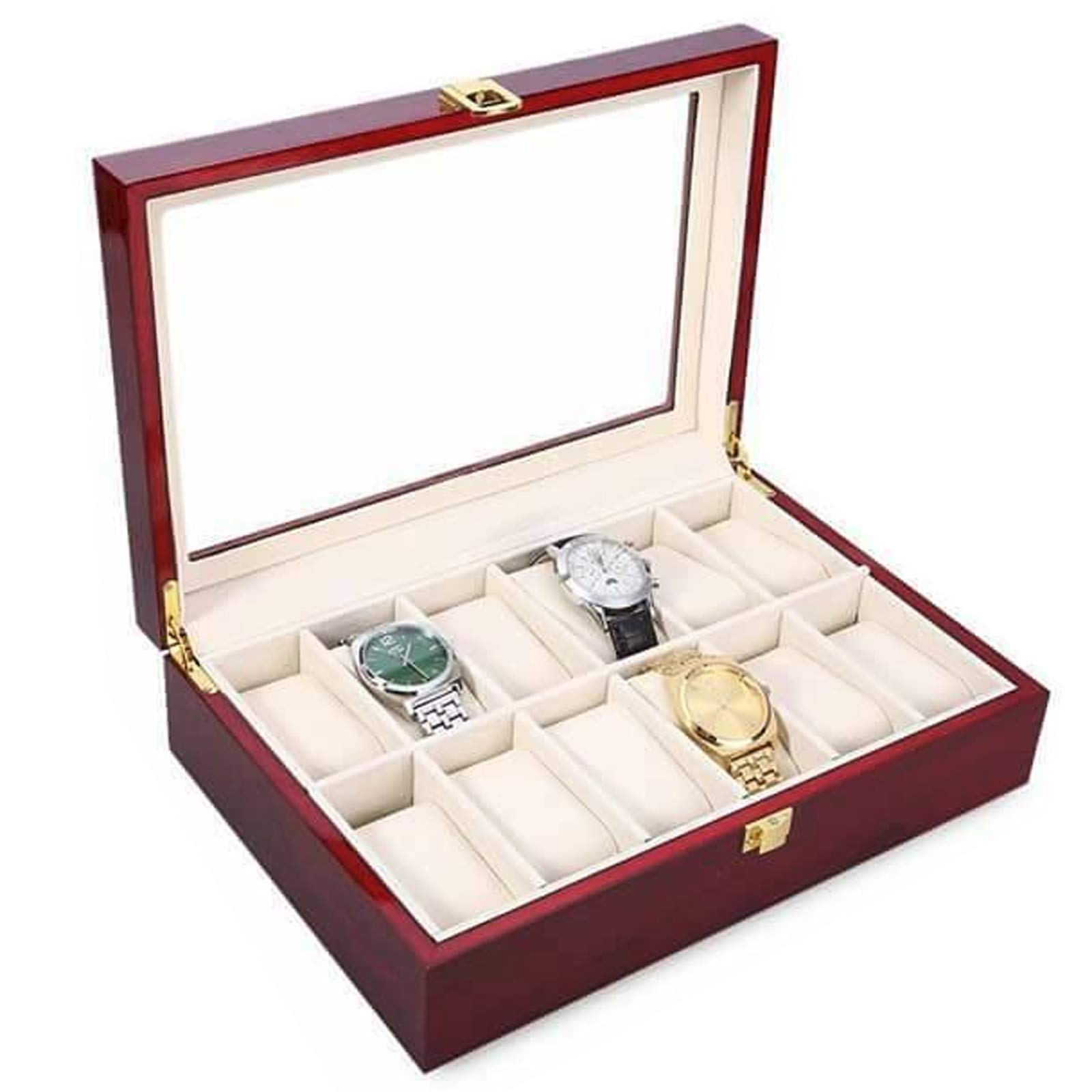 Xample® Watch Display Box Jewelry Box Lockable Leather Storage Case with Top Display Glass 12 Compartments