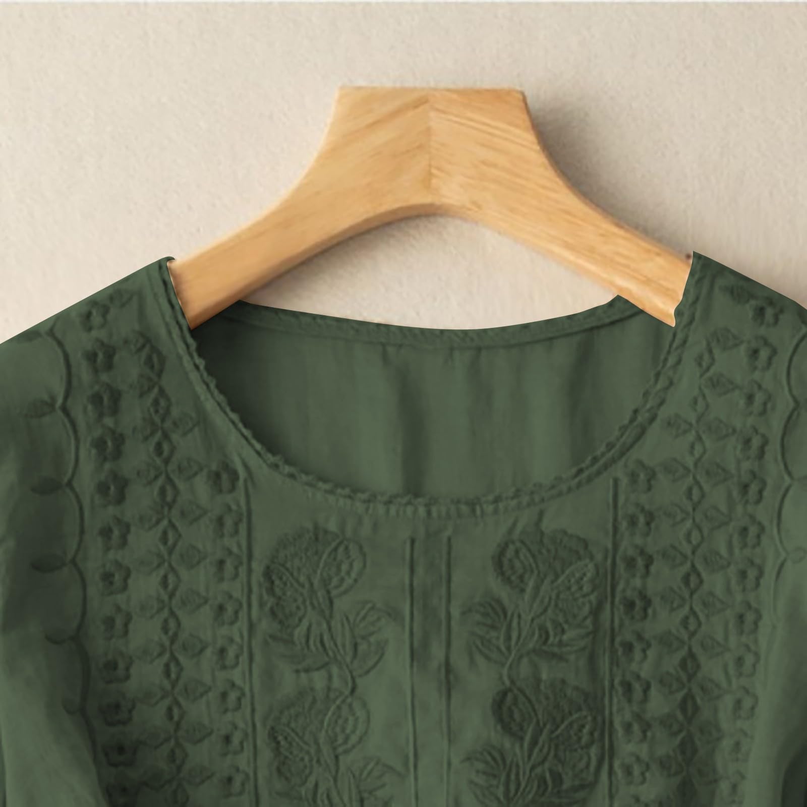 Cotton Linen Shirts for Women Trendy Retro Embroidered 3/4 Sleeve Boho Blouse Dressy Casual Bohemian Tops Loose Tunics