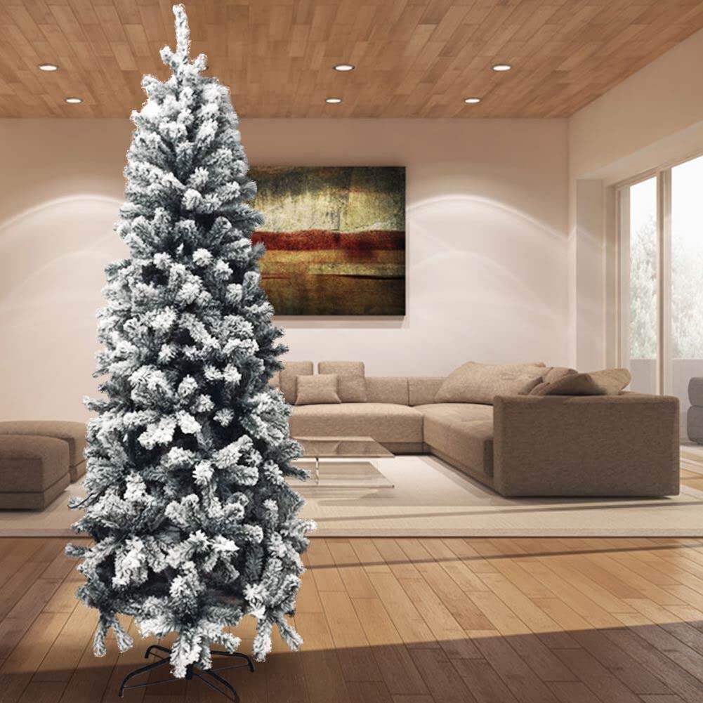 Bakaji Albero di Natale Super Folto Pino Verde Slim Salvaspazio Innevato Base Croce in Ferro Pieghevole Altissima Qualità Con Neve Rami ad ombrello Facile Montaggio Ecologico Ignifugo (180cm)