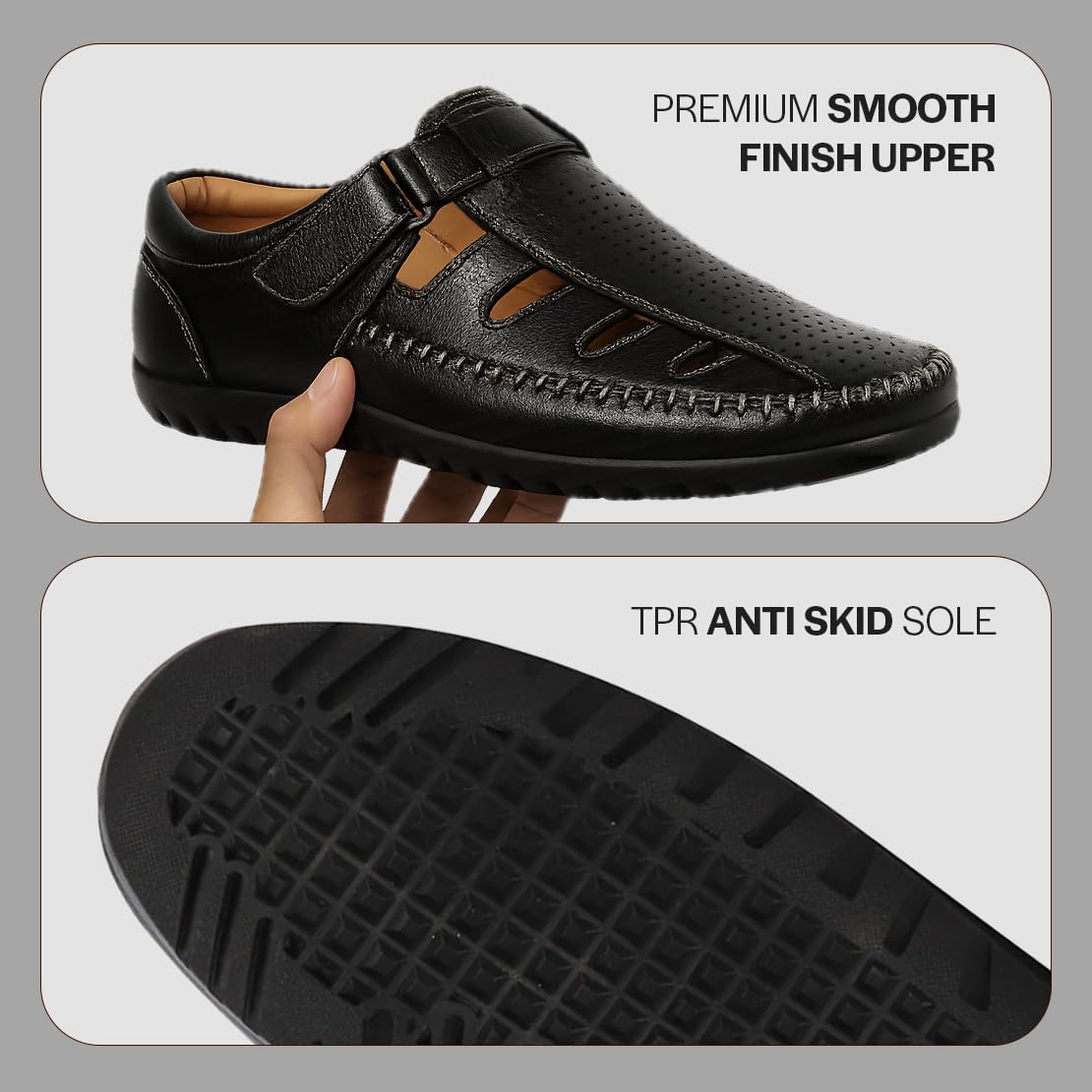 FAUSTO FST FOSMS-2118 BLACK-42 Men's Black Laser Cut Perforated Shoe Style Roman Sandal|Adujstable Hook & Loop Stitched Pull On Sandal (8 UK) 3
