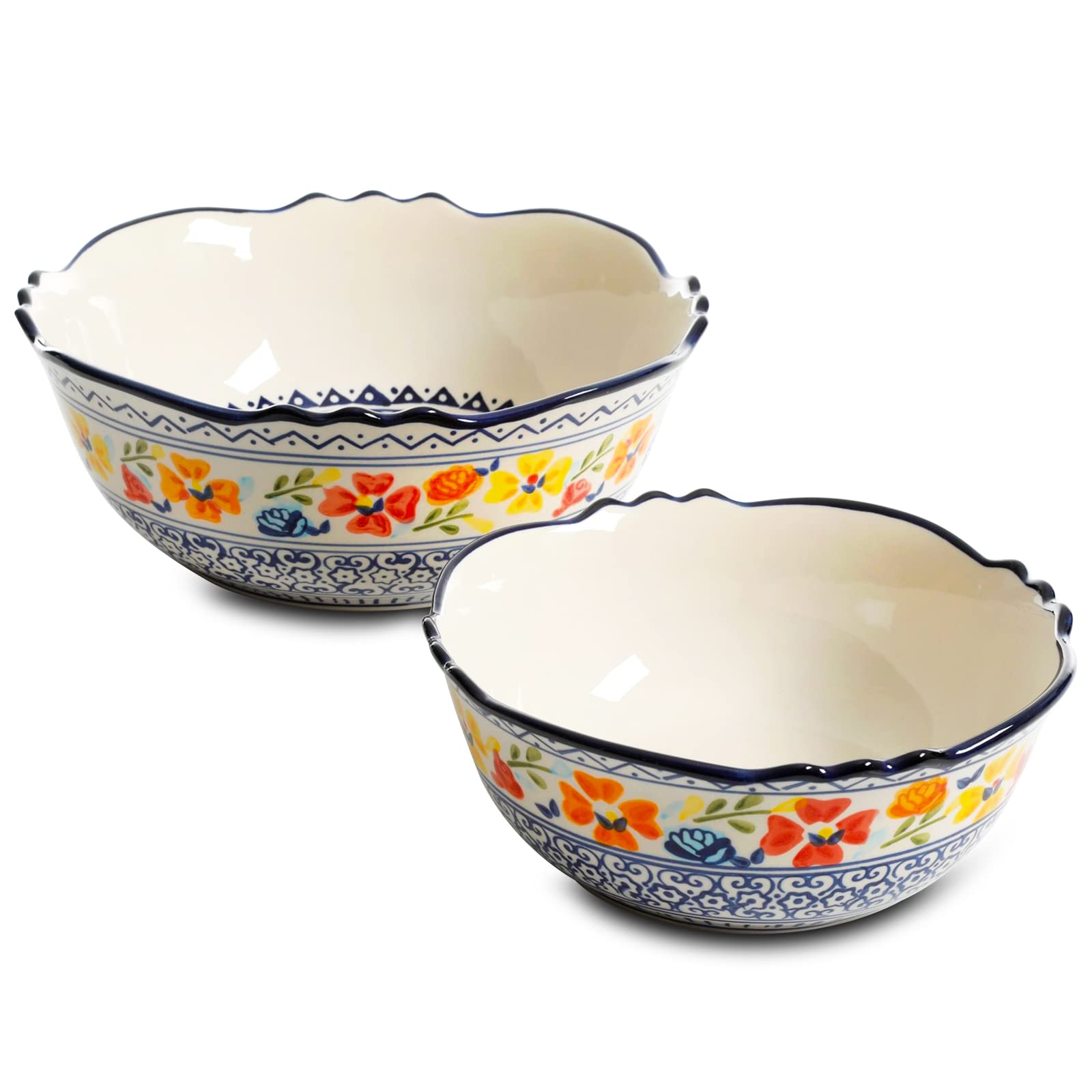 Gibson HomeLuxembourg 2 Piece Stoneware Bowl Set, White with Blue Design, 10 and 8 Inch