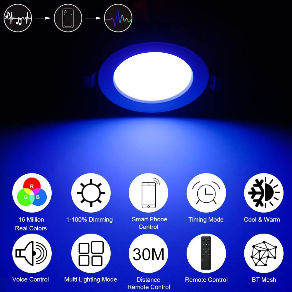 LED Einbaustrahler 230V RGBWC+CCT-WIFI/Bluetooth 5W LED Spots Led Einbauspots Flach Dimmbar, RGB+2700K-6500K, APP Steuerung, Deckenleuchte Lampe mit Fernbedienung Kompatibel mit Alexa Google Home