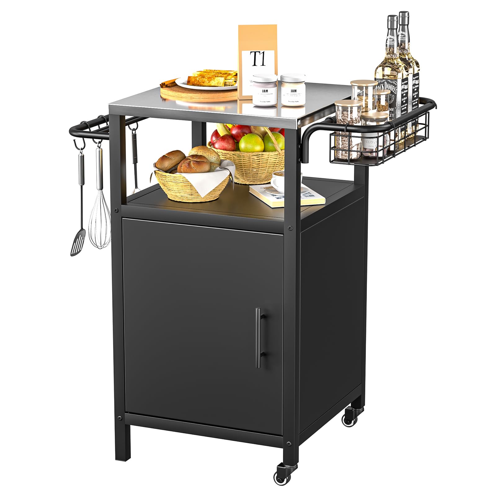 Grillwagen Grilltisch Outdoor Grill Trolley Küchenwagen, Edelstahl, wetterfest, mit Schrank und 2 Rollen für BBQ und Garten