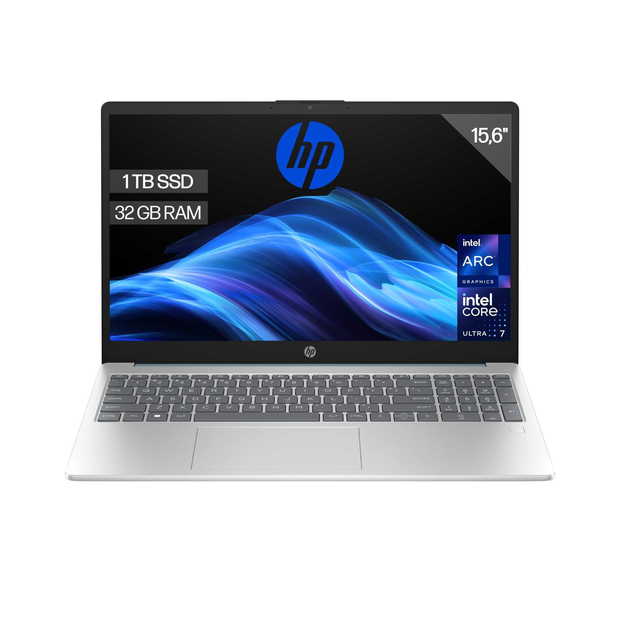 HP 15-fd2012ns - Ordenador portátil de 15.6" FHD (Intel Ultra 7-255U, 32GB RAM, 1TB SSD, Intel Iris Xe Graphics, Sin Sistema operativo) Plata y Azul - Teclado QWERTY Español